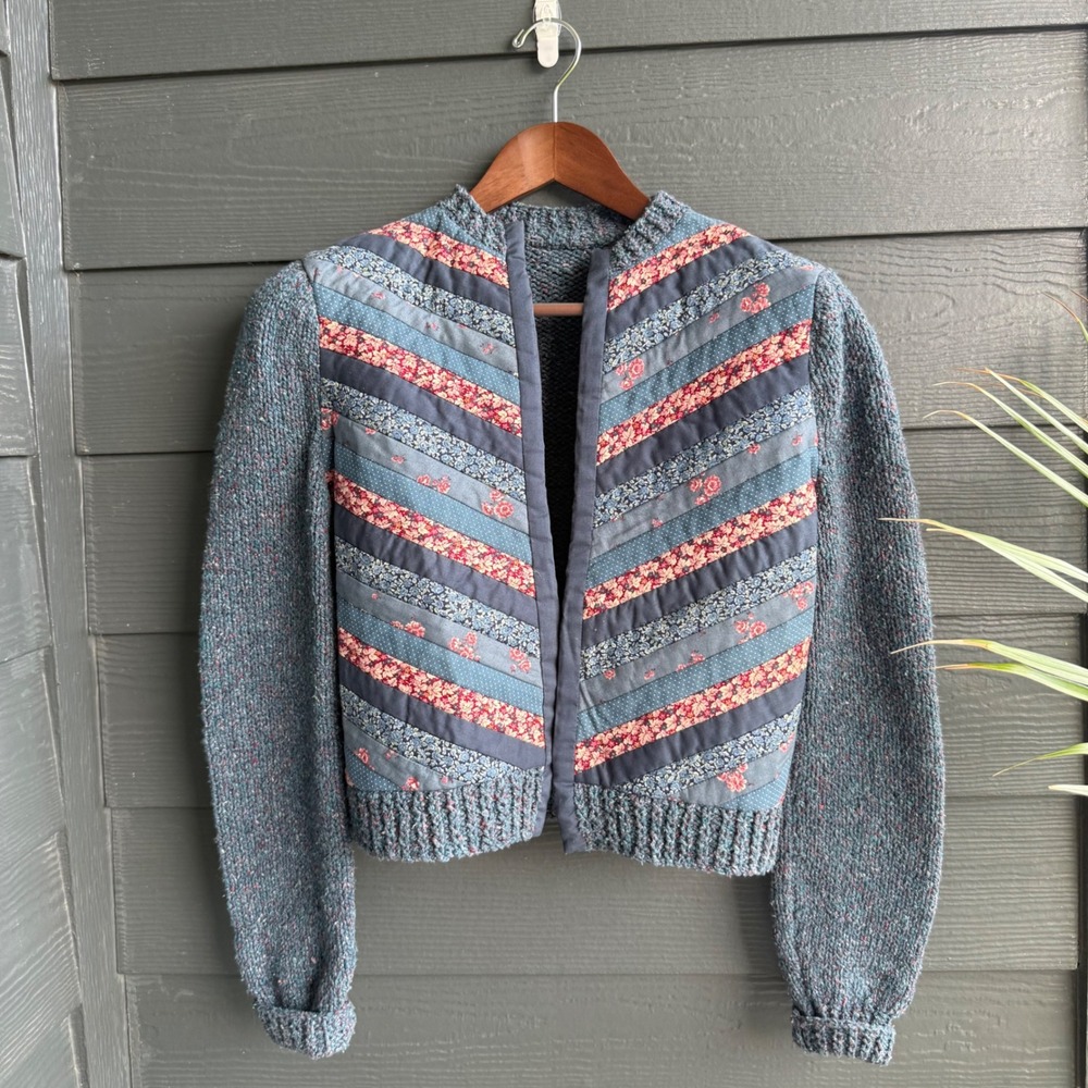 Vintage Patchwork Floral Knit Cropped Cardigan Cottagecore Grandma Core - Picture 1 of 6